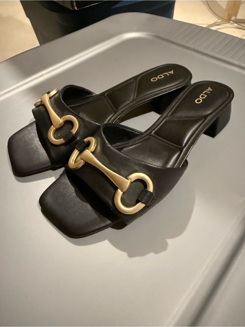 ALDO Black Leather Mule with Gold Horsebit Accent